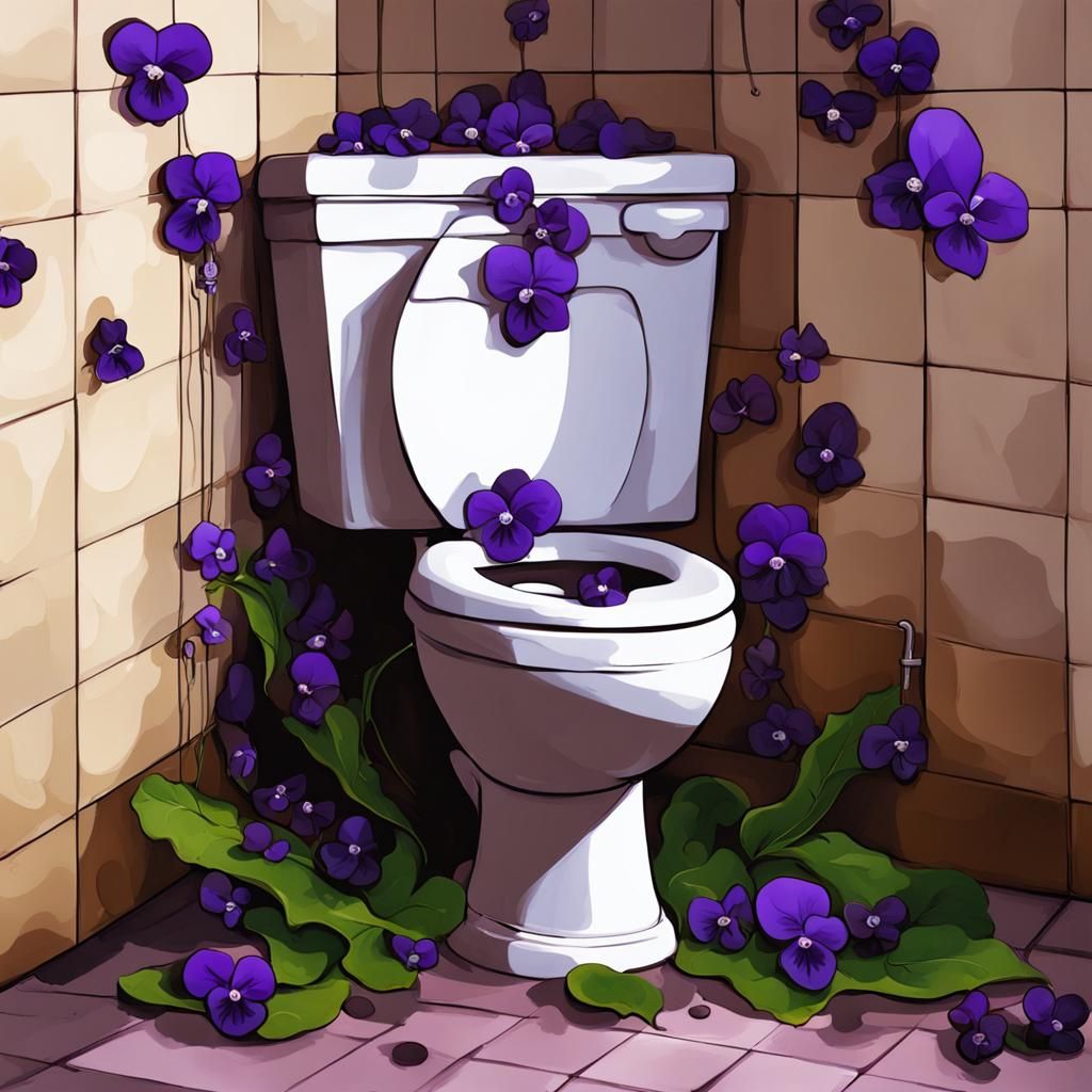 Surreal Digital Painting of Violets and Toilets