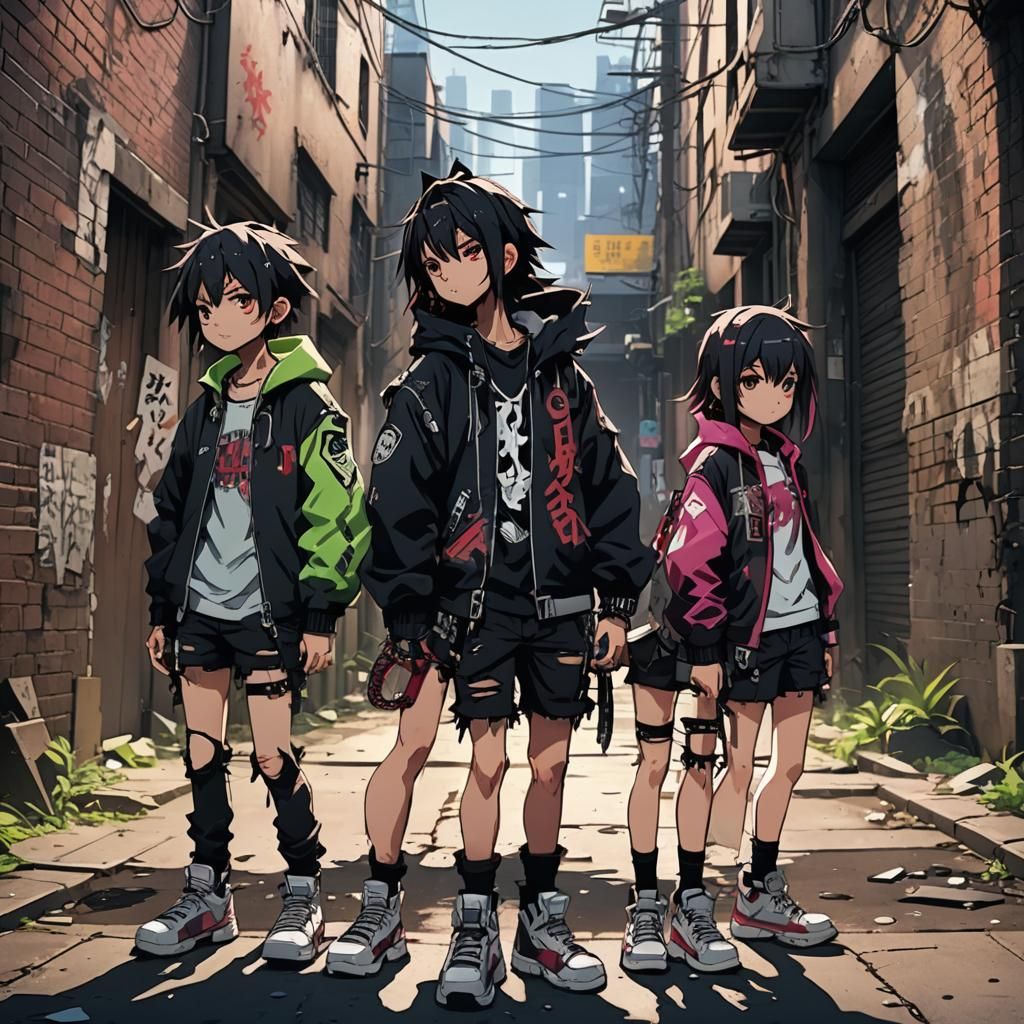 Edgy Anime: Rebellious Kids in Abandoned Alleyway