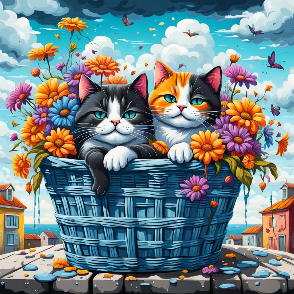 Colorful Kittens Napping in Basket: Graffiti Art Style