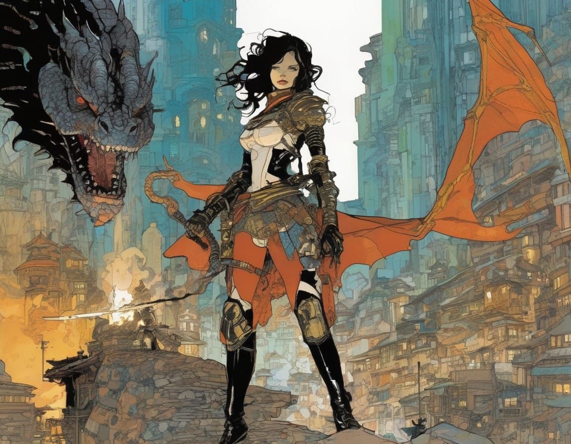 Mysterious Dark Fantasy Fire Queen with Dragon Protector