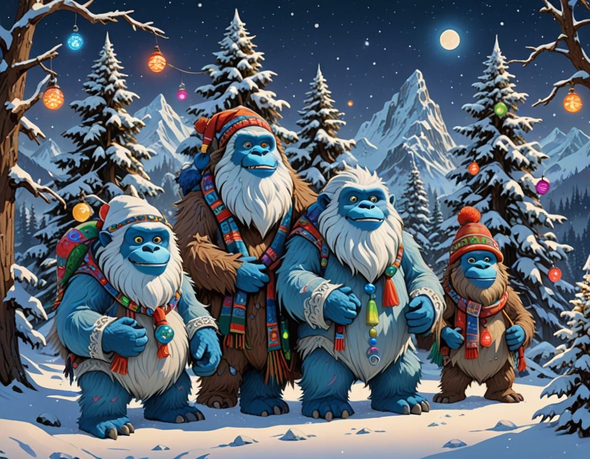 Surreal Winter Wonderland Scene: Yetis Gaze in Delight at Gl...