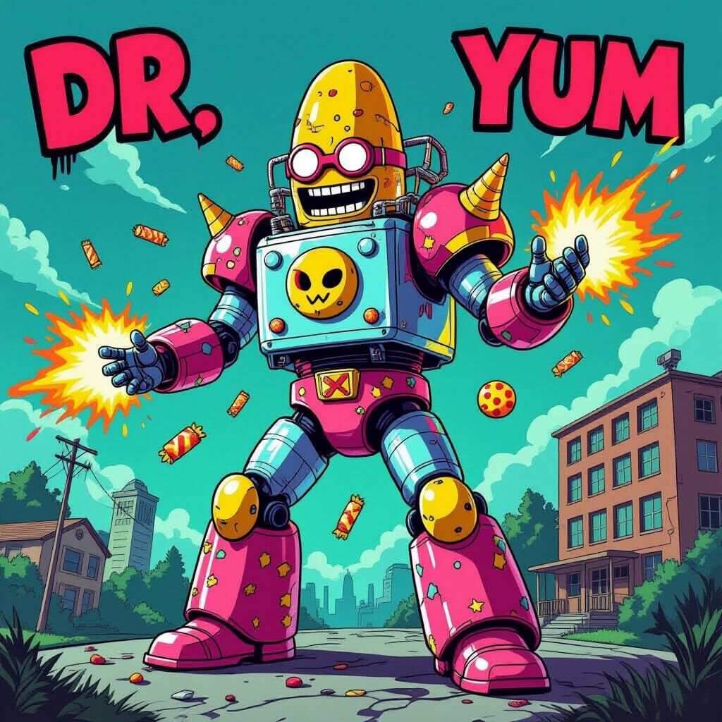 Dr. Yum: Snack-Stealing Supervillain in Cyberpunk Surrealism