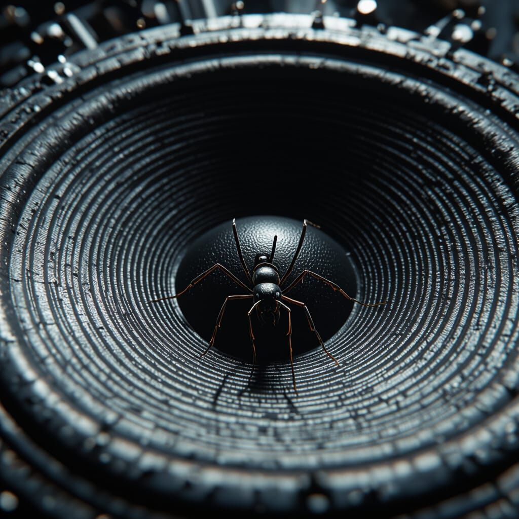 Ant on Subwoofer: Hyper-Realistic Cinematic Close-Up
