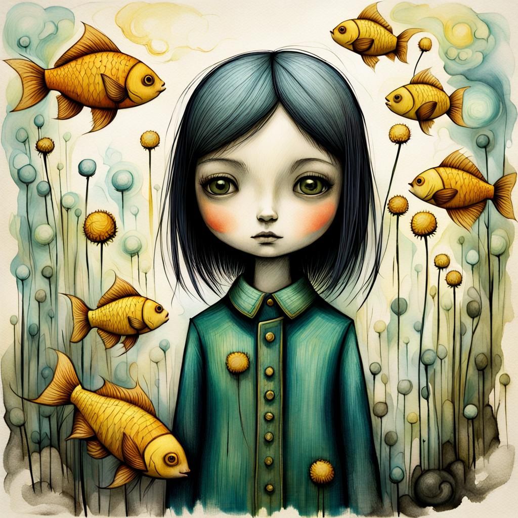 Girl with Bangs, Pigtails, Fish and Dandelions