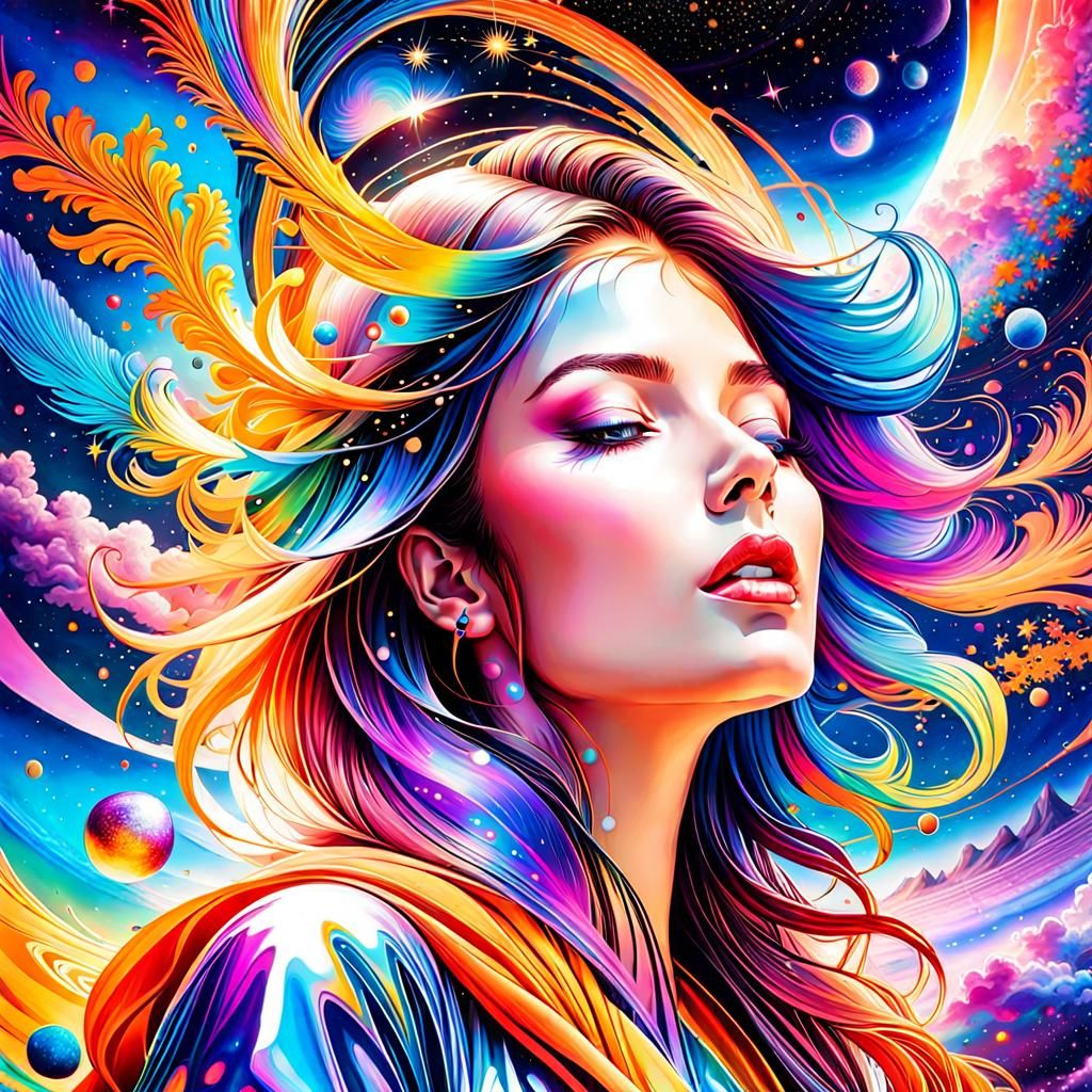 Ethereal Woman Blending with Universe in Mixed Media