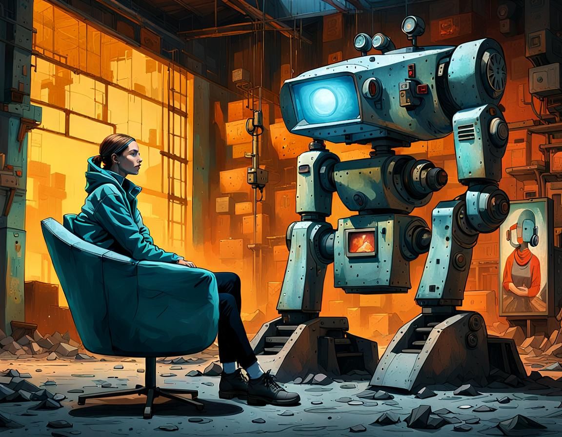 Robot Watches TV in Abandoned Factory, Hyperrealistic Steamp...