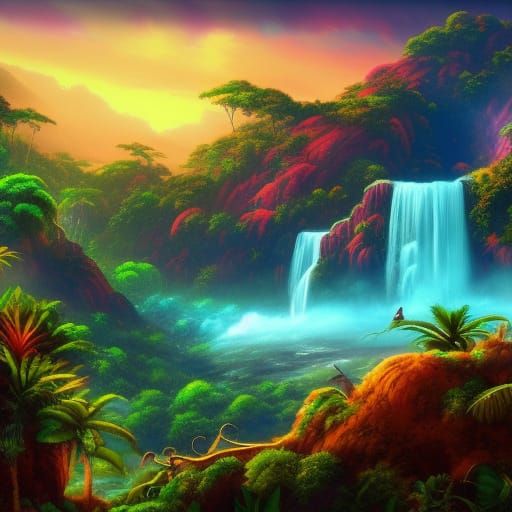 Surreal Tropical Masterpiece with Vast Waterfalls and Vibran...