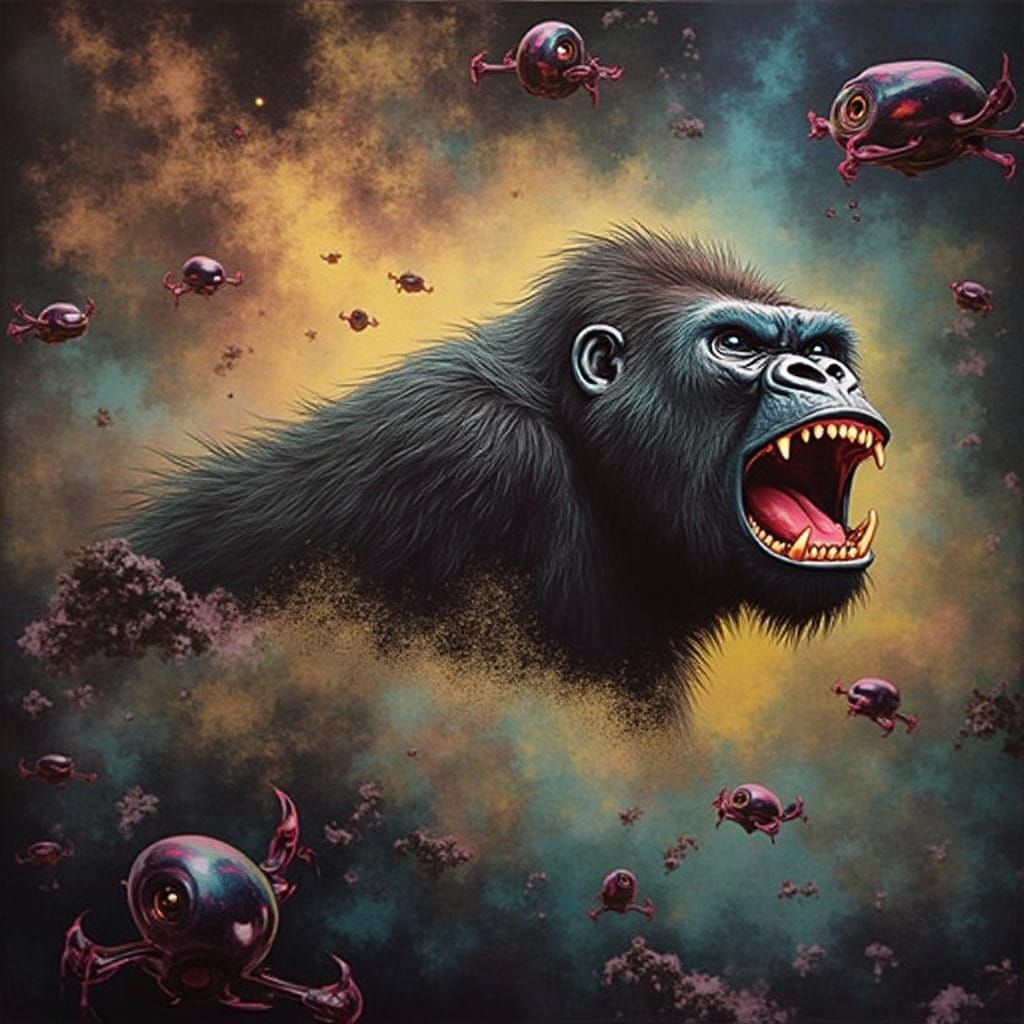 A gorilla surrounded by drones, andy warhole style