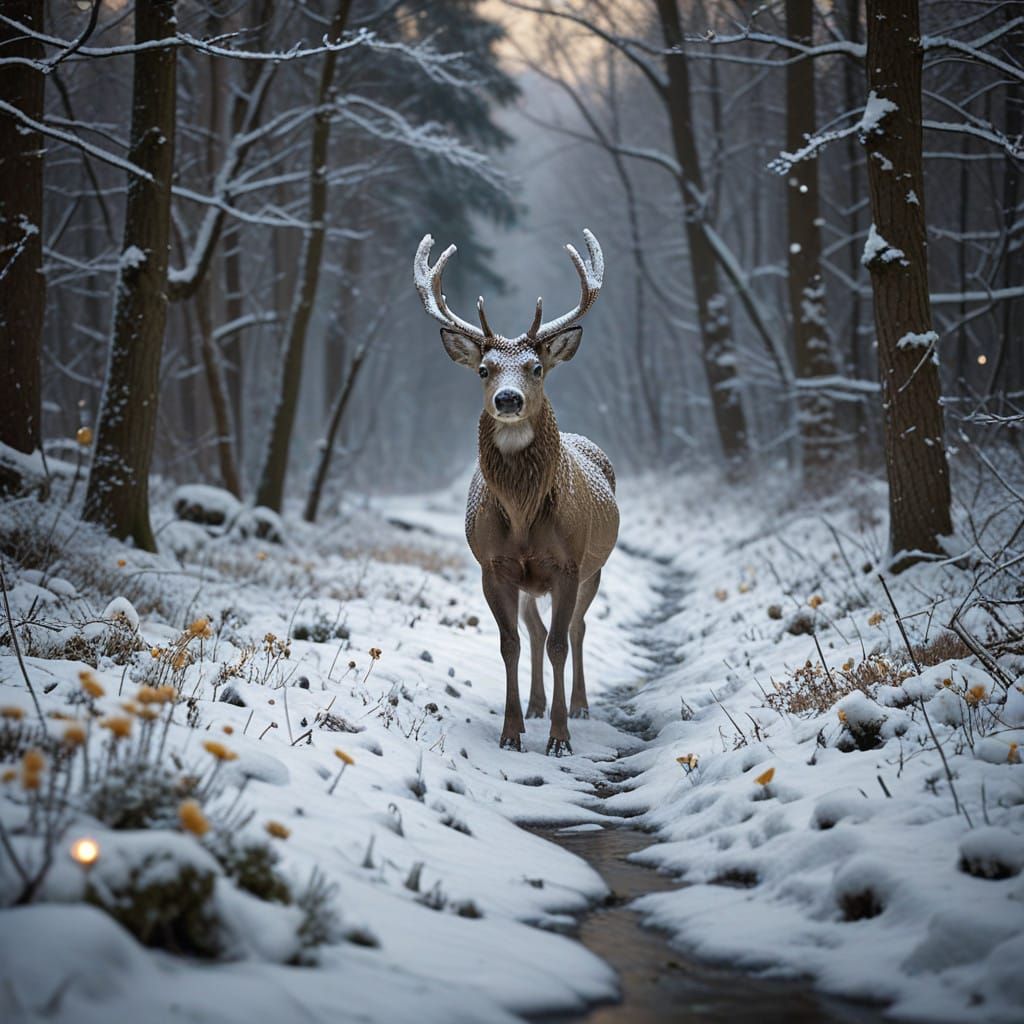Mystical Forest Scene with Deer in Winter Wonderland