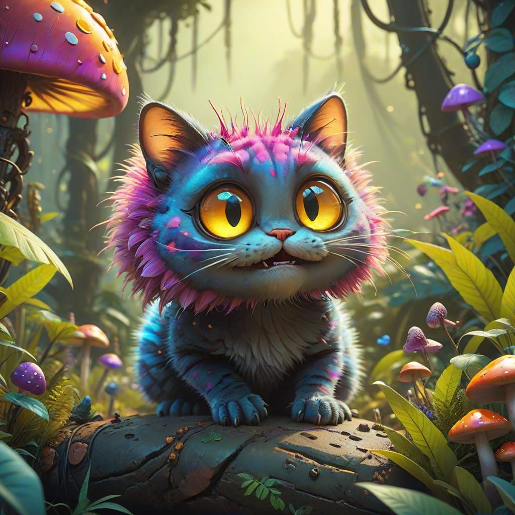 Fuzzy Feline-Caterpillar Hybrid in Vibrant Botanical Garden