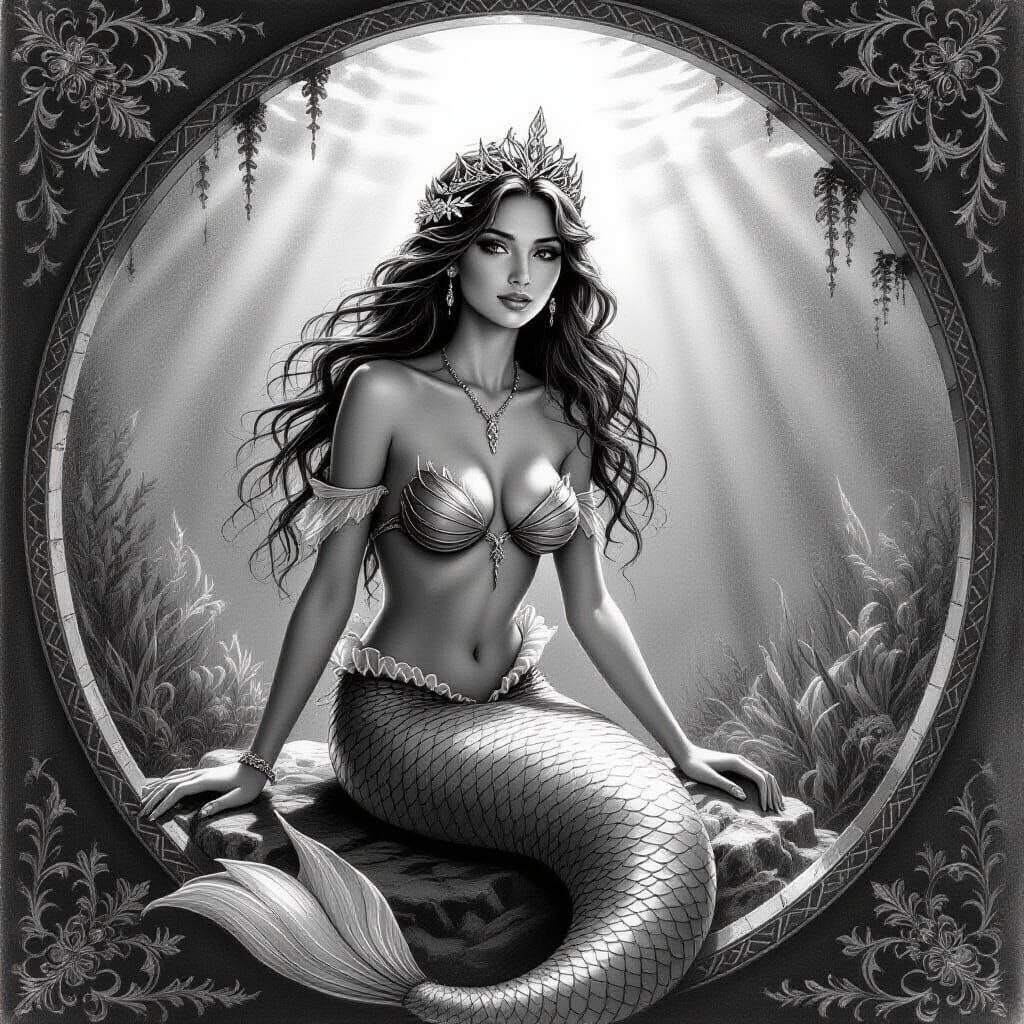 Mermaid Descends in Detailed Charcoal Drawing