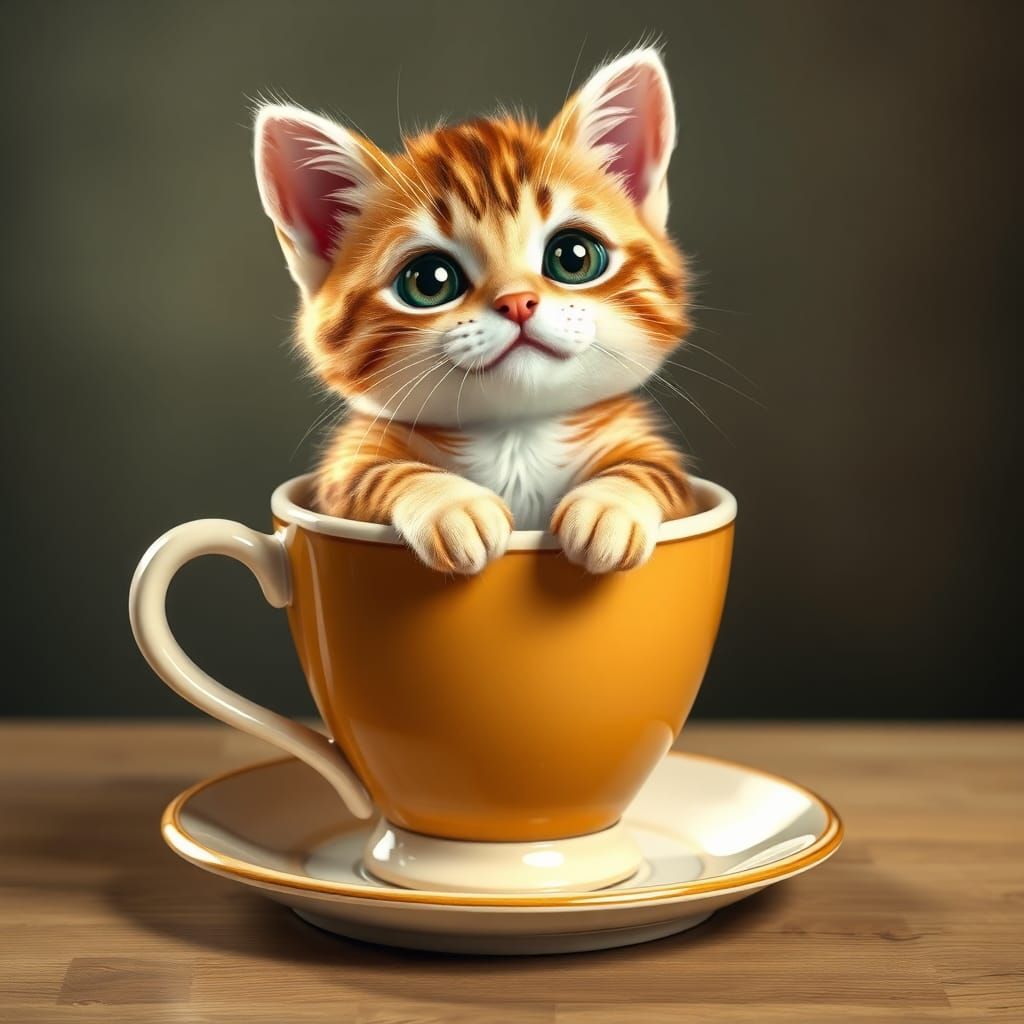 Cute Kitten in Teacup: A Whimsical Cartoon