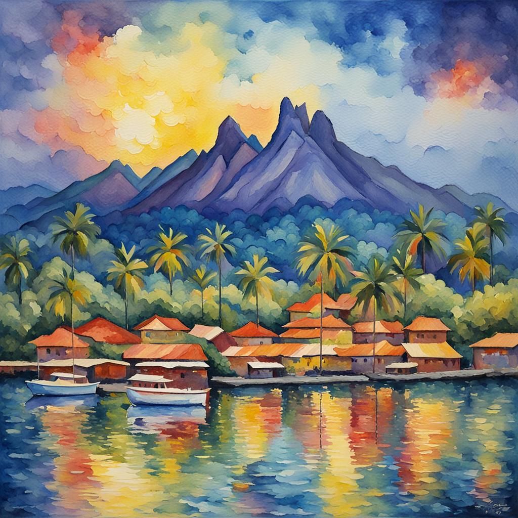 Tahiti Skyline in Neo-Impressionist Watercolor