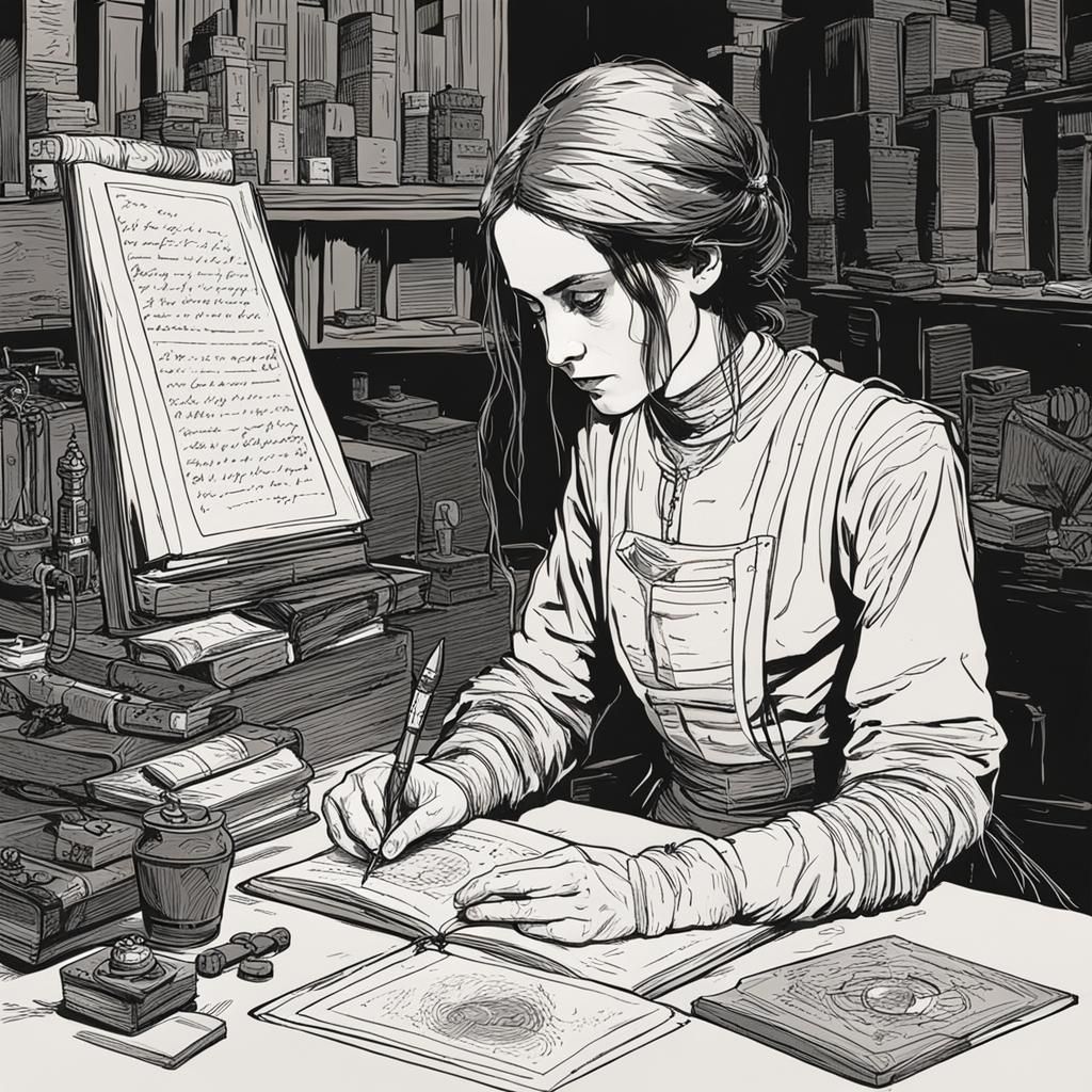Mary Shelley Writing Gothic Novel in Cyberpunk Style