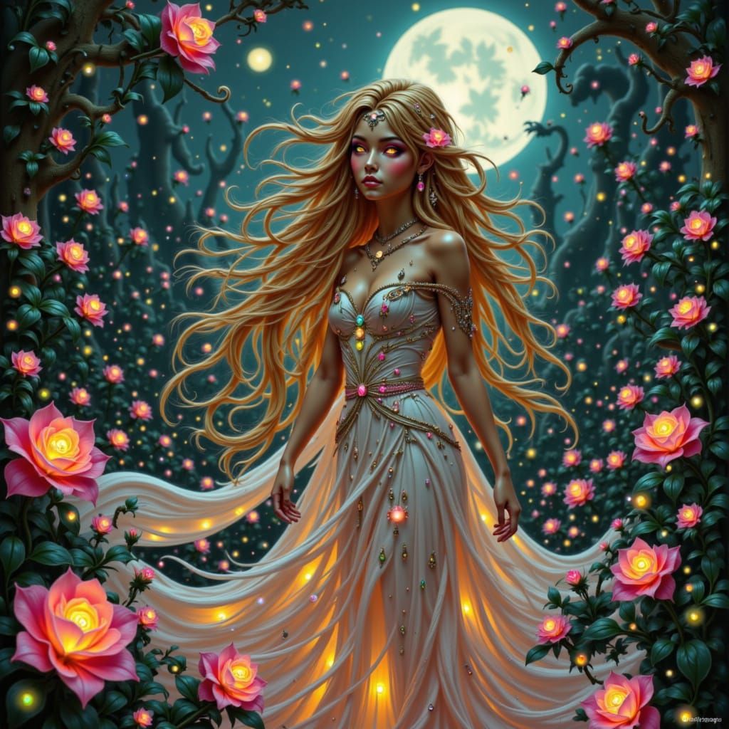 Elven Queen in Bioluminescent Garden, Folk Art Nouveau