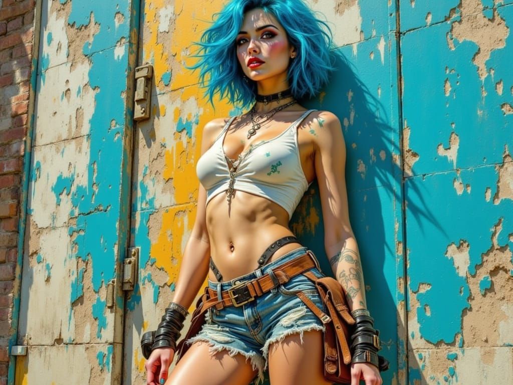 Rebellious Blue-Haired Woman Defies the Wind in a Vivid, Hyp...