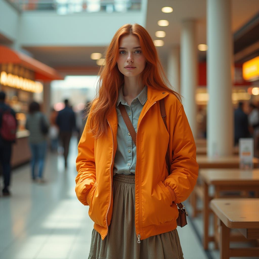 Red-Haired Woman at Mall Food Court, Hyperrealistic Photo
