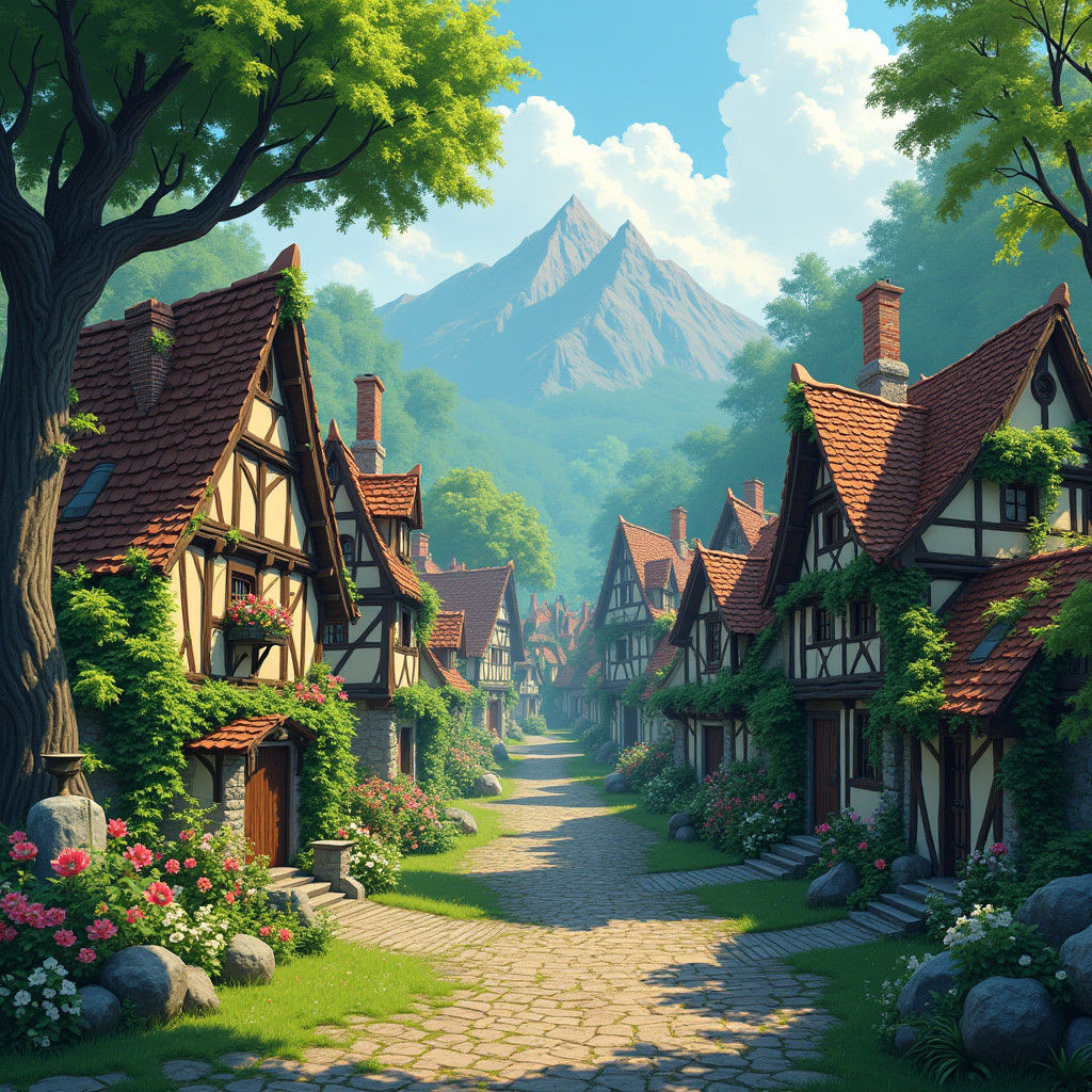 Enchanted Medieval Village in Lush Emerald Forest