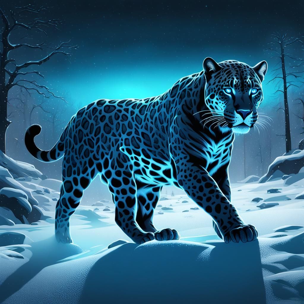 Black Jaguar in Snowy Tundra with Neon Chiaroscuro