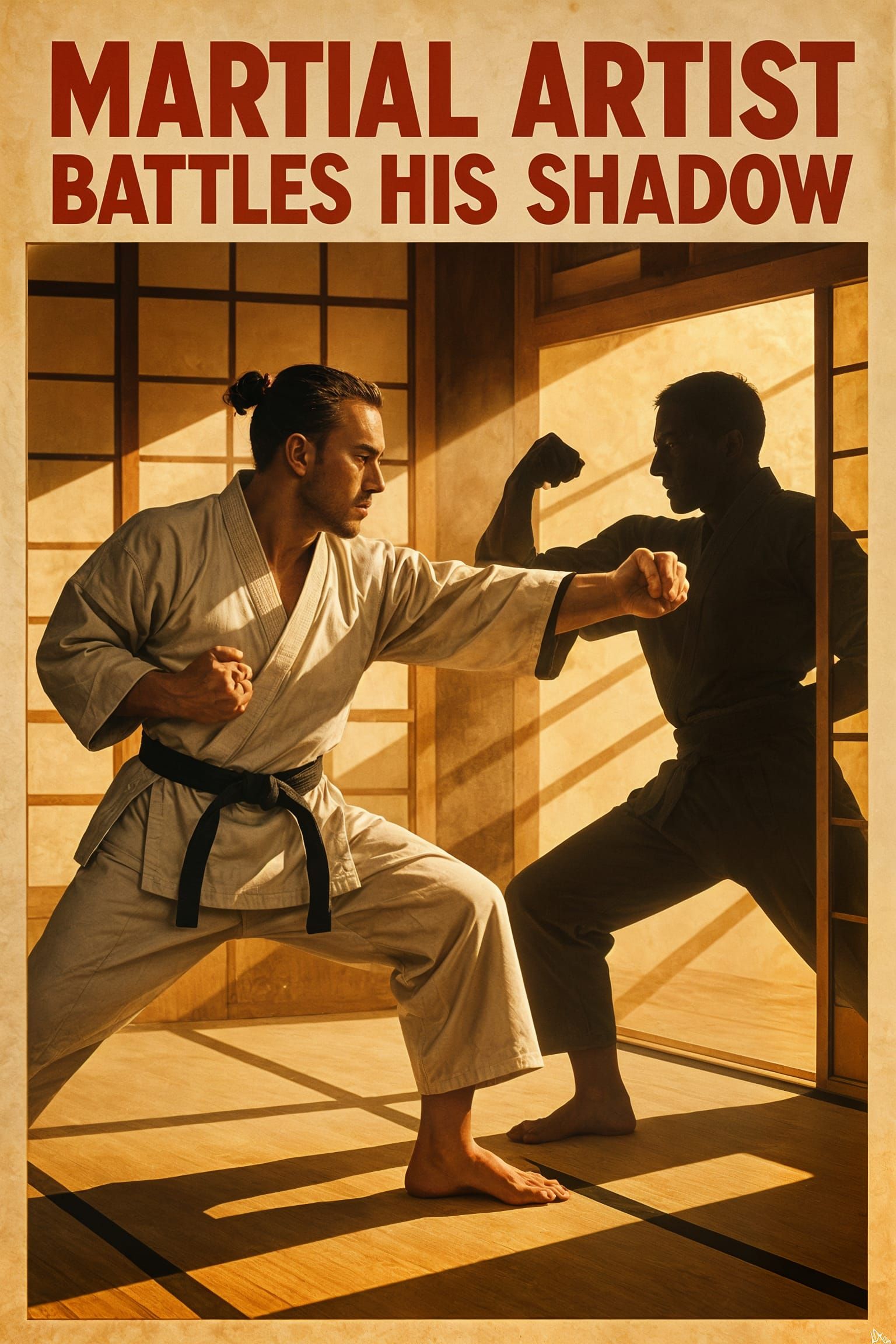 Martial Artist Battles Shadow in Sunlit Dojo