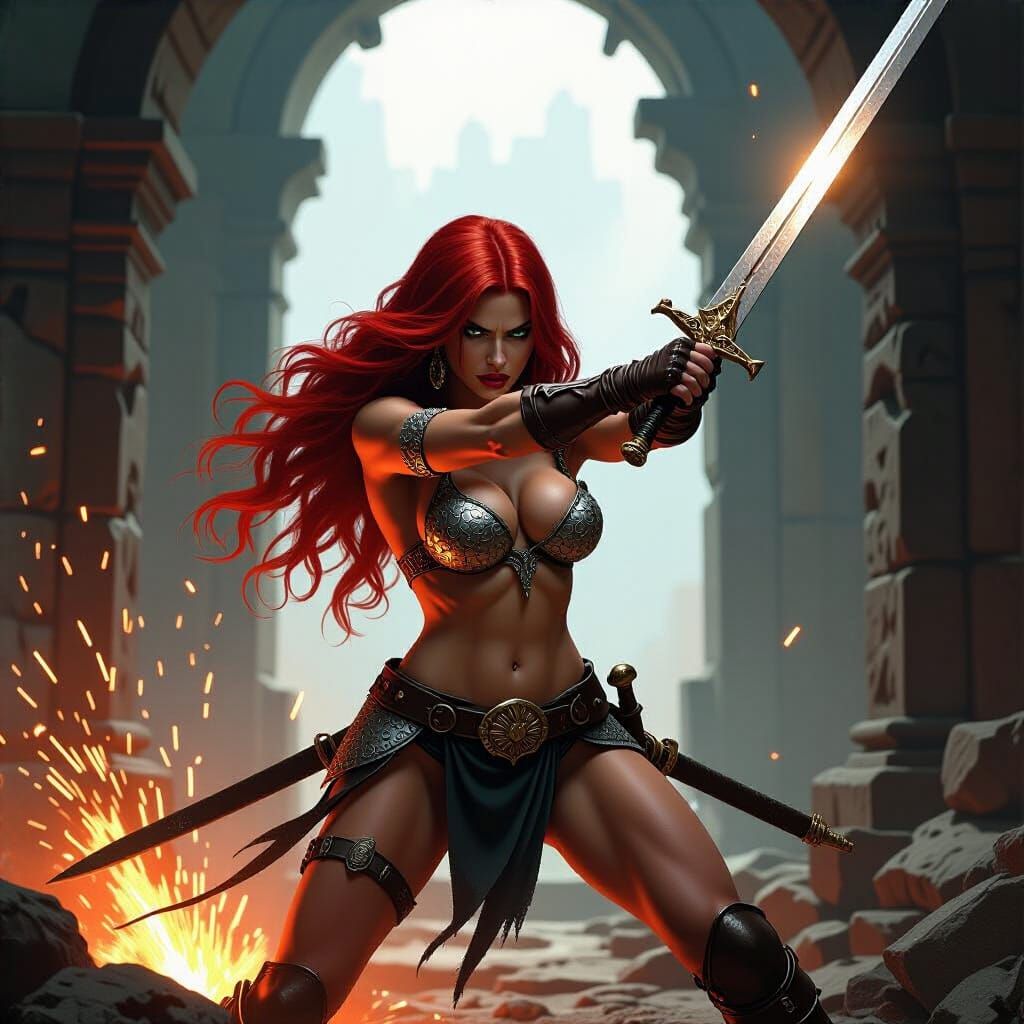 Red Sonja Ready to Fight in Dynamic Combat Pose