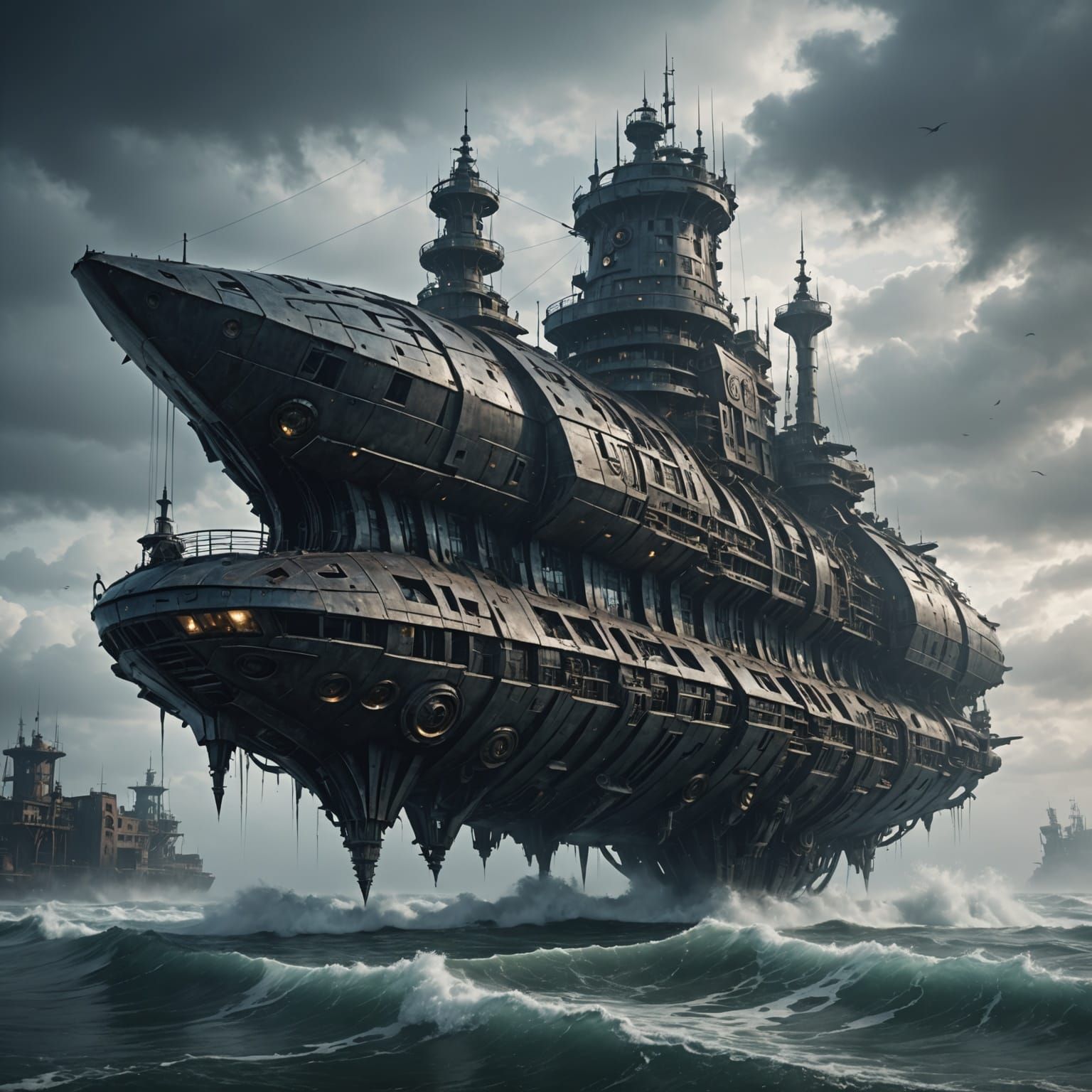 Ethereal Biomechanical Vessel Adrift in Turbulent Waters