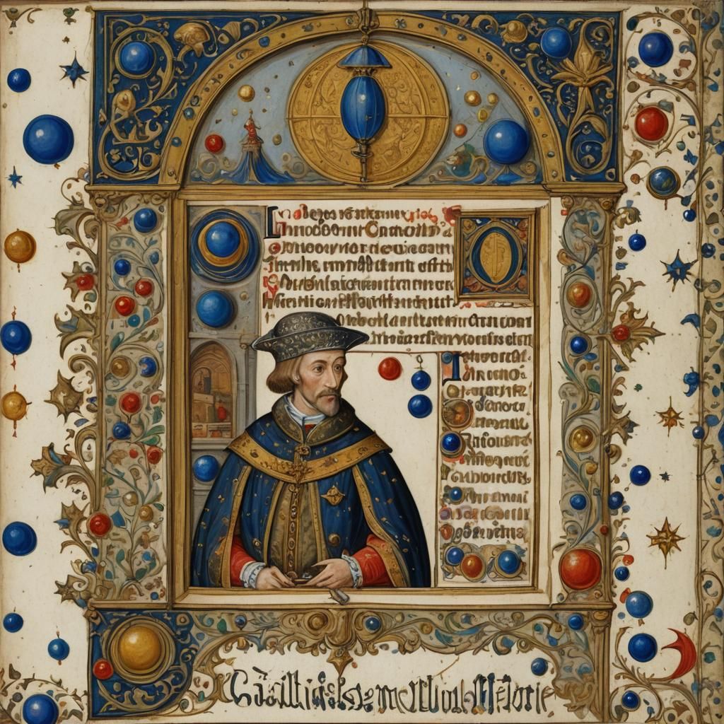 Medieval Page Carrying Planets in Illuminated Manuscript Sty...