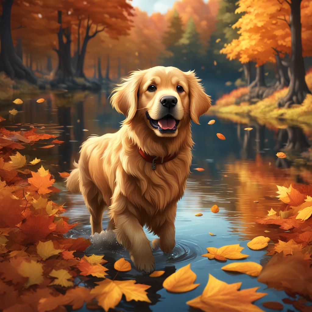 Cute Golden Retriever Puppy in Autumn Forest