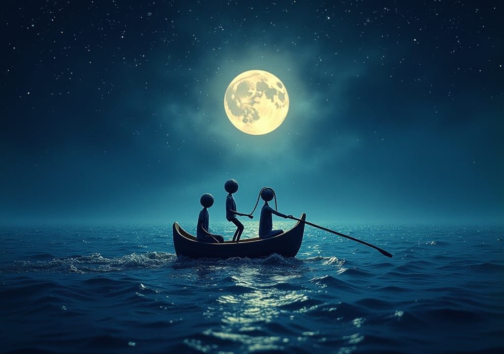 Dreamy Moonlit Jugglenaut Rides Dewdrop in Dark Ocean