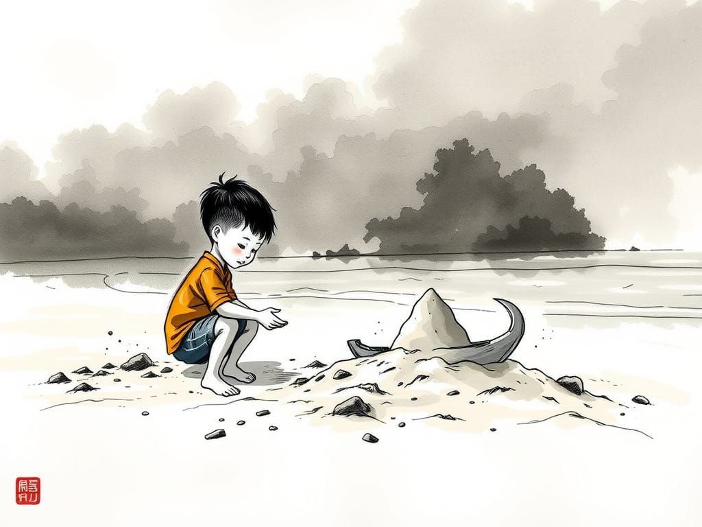 A boy builds a sand boat on a beach in abstract chinese ink art
