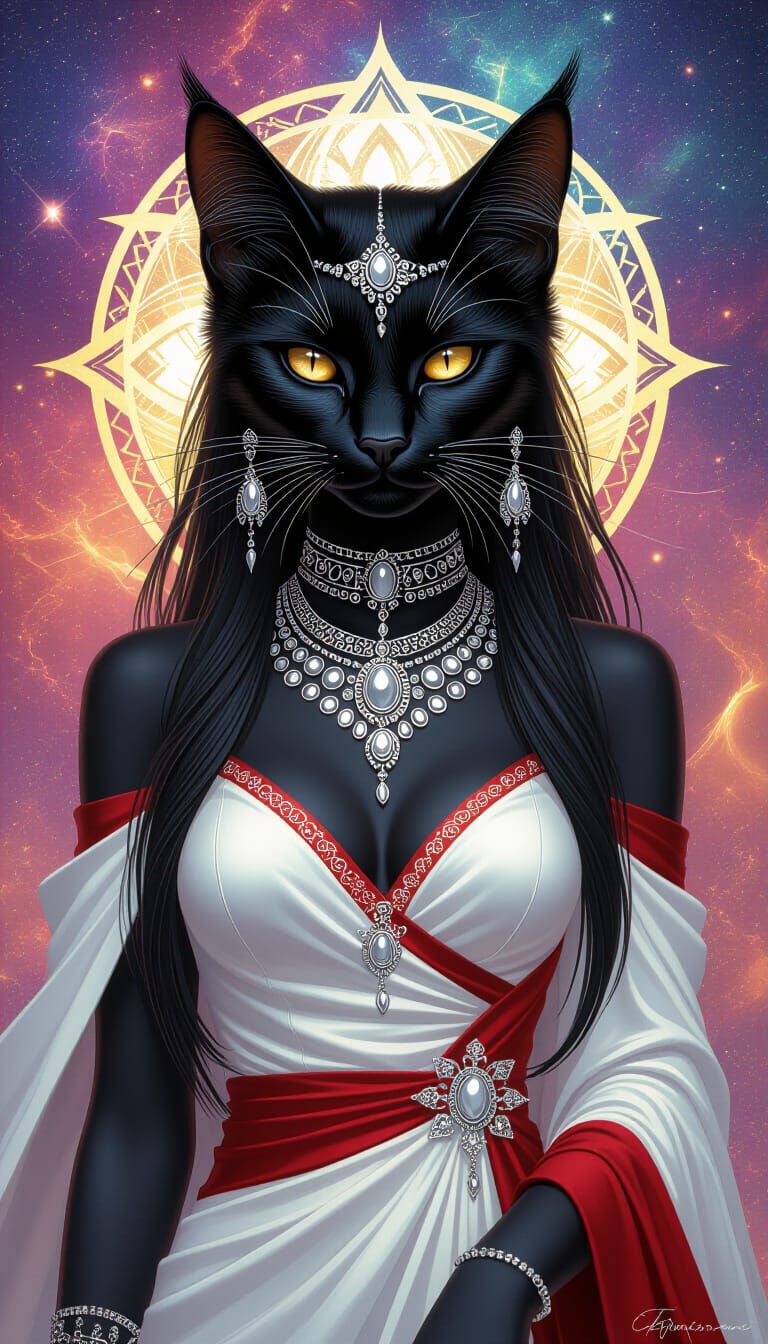 Cosmic Feline Woman in Cinematic Style