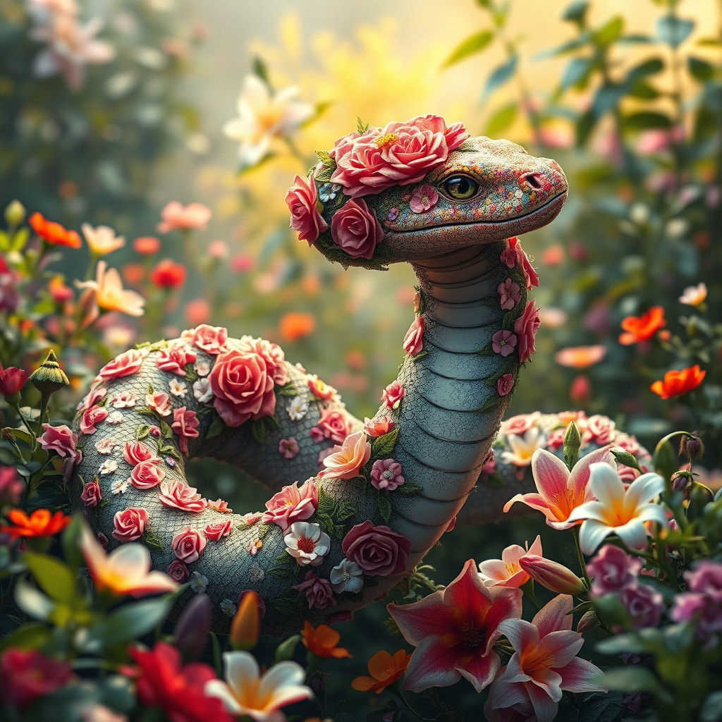 Flower Serpent in Lush Garden, Street Art Style
