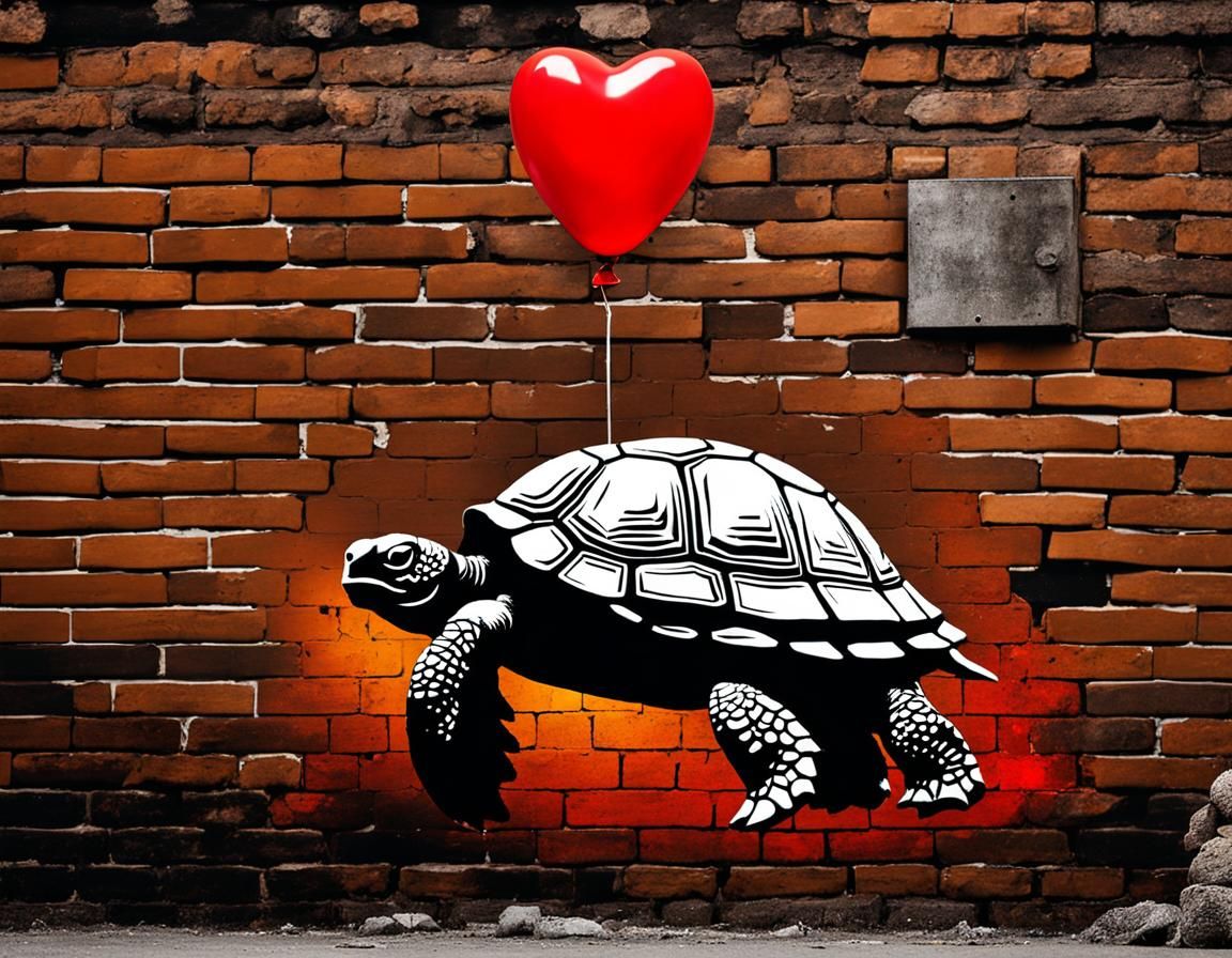 Banksy-Style Turtle with Red Heart Balloon