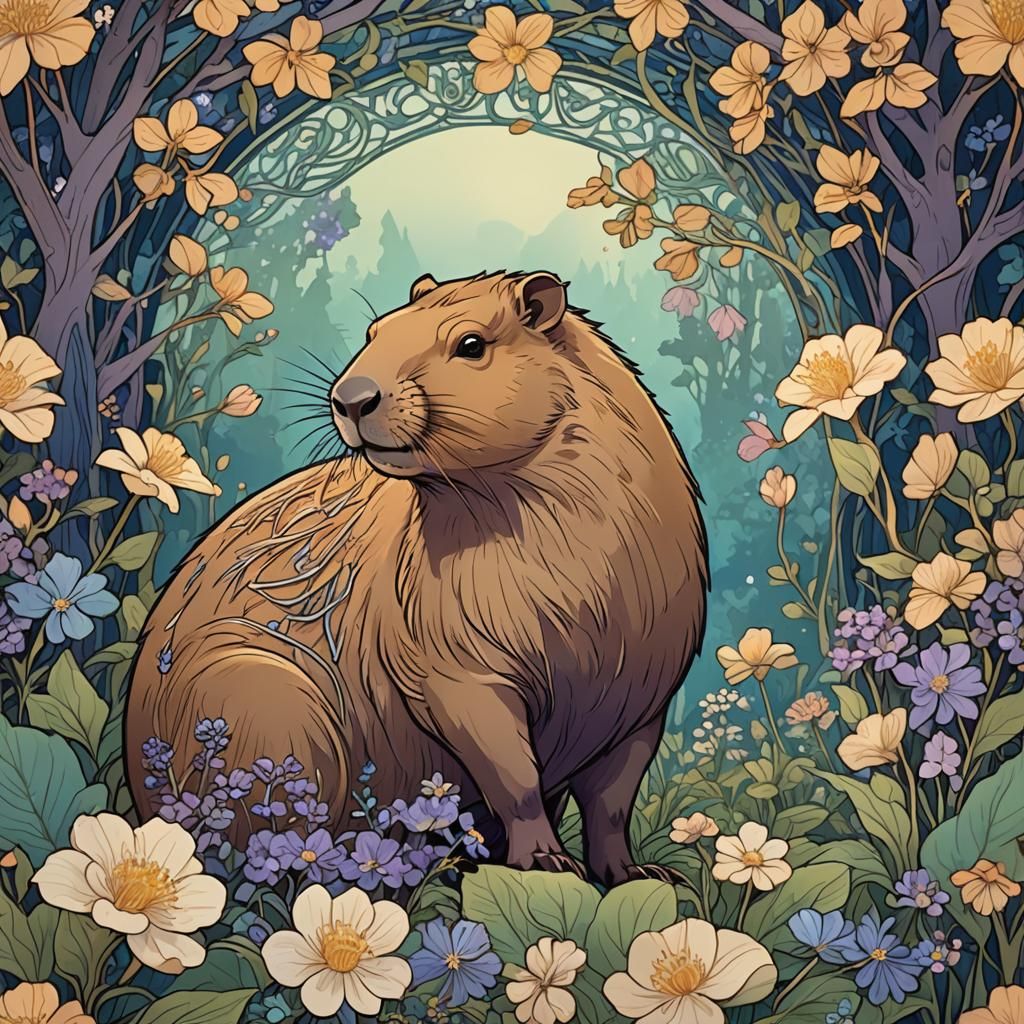 Art Nouveau Capybara in Spring Forest
