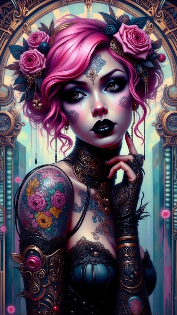 Cyberpunk Woman in Futuristic Lab with Floral Tattoos