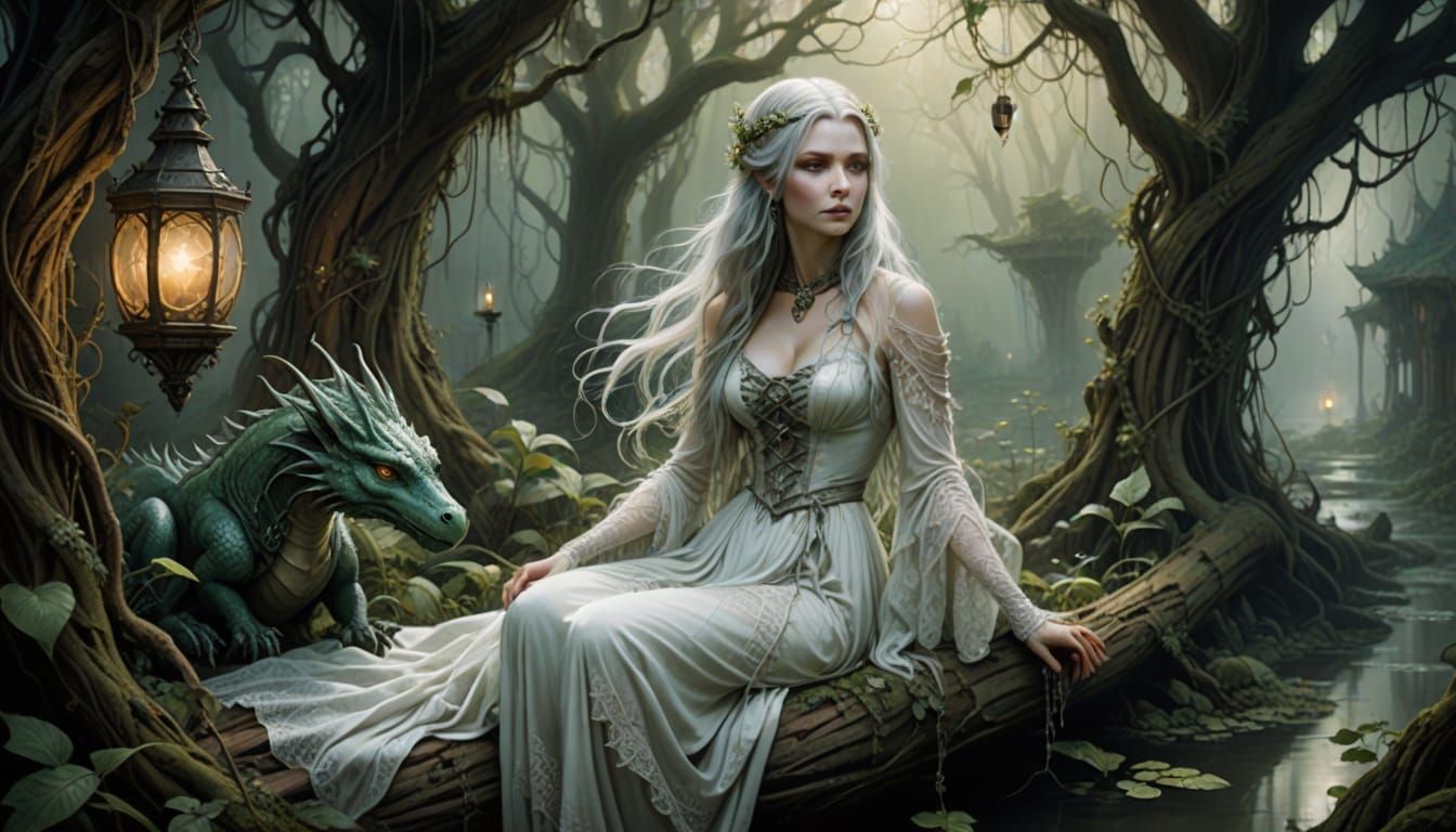 Mystical Witch Tenders Baby Dragon Amidst Swampy Abode