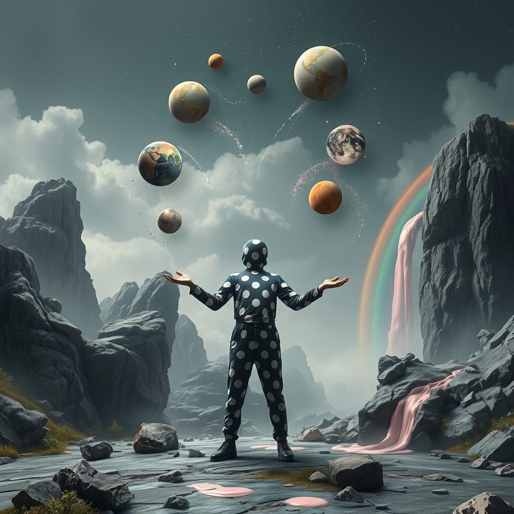 Surreal Artist Juggles Planets in a Dreamlike Landscape
