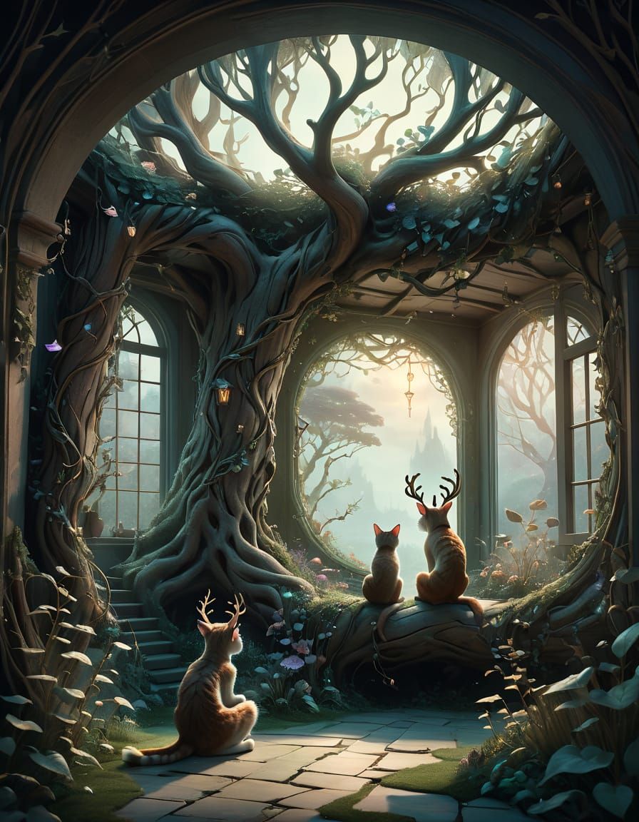 A surreal scene of two mystical fairy children sitting besid...