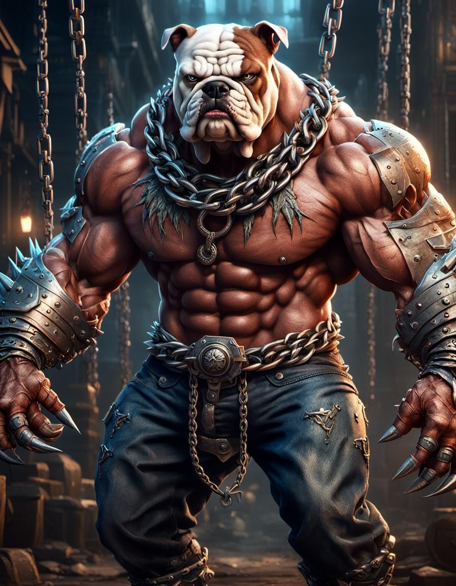 anthropomorphic bulldog man with massive muscular muscle ,8k resolution concept art with chains,spikes and huge claws