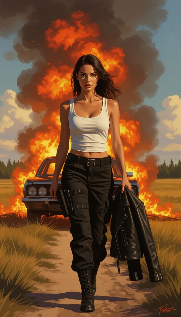 Woman Walks From Car Fire in Dramatic Digital Painting