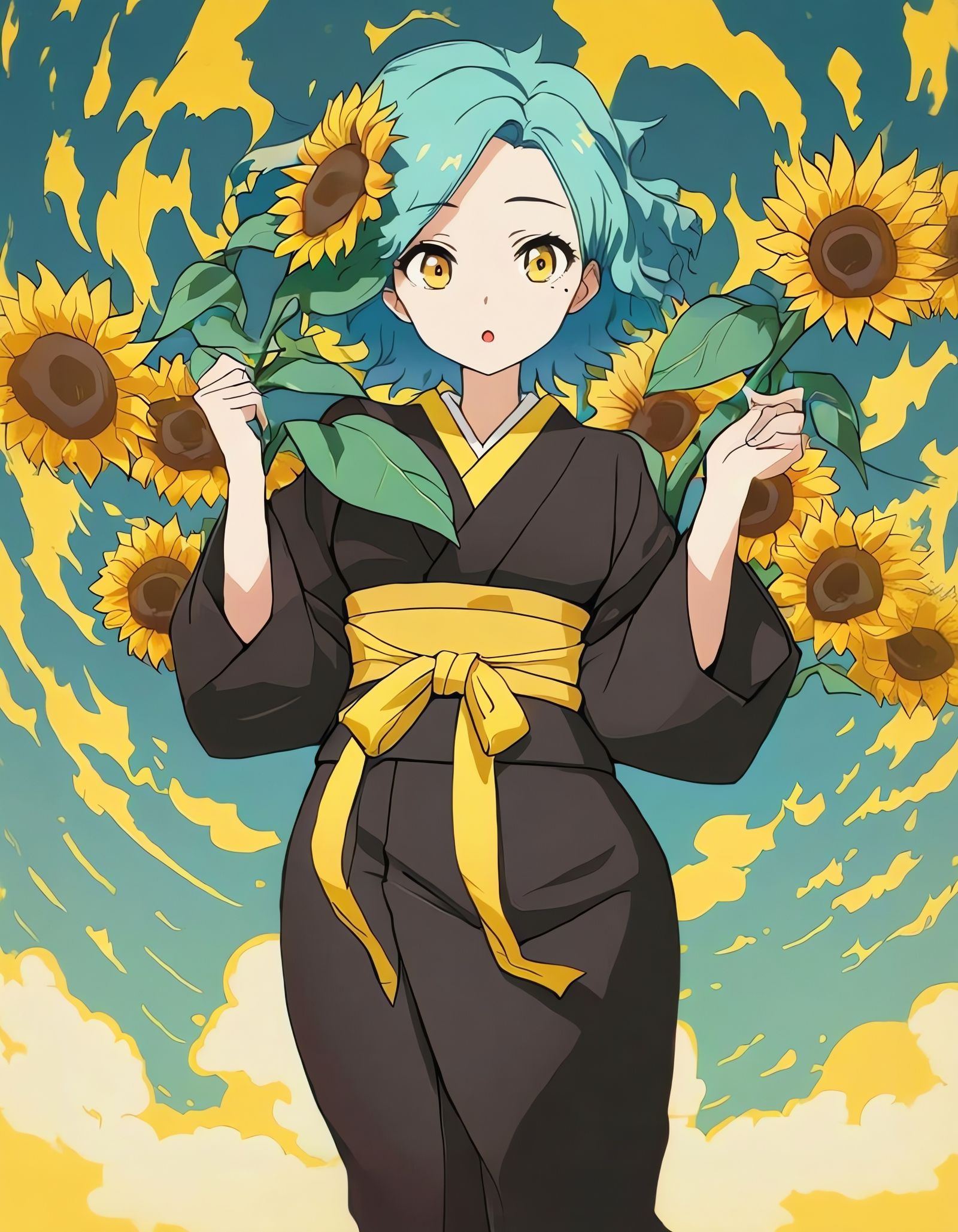Awestruck Girl with Sunflower in Anime Style