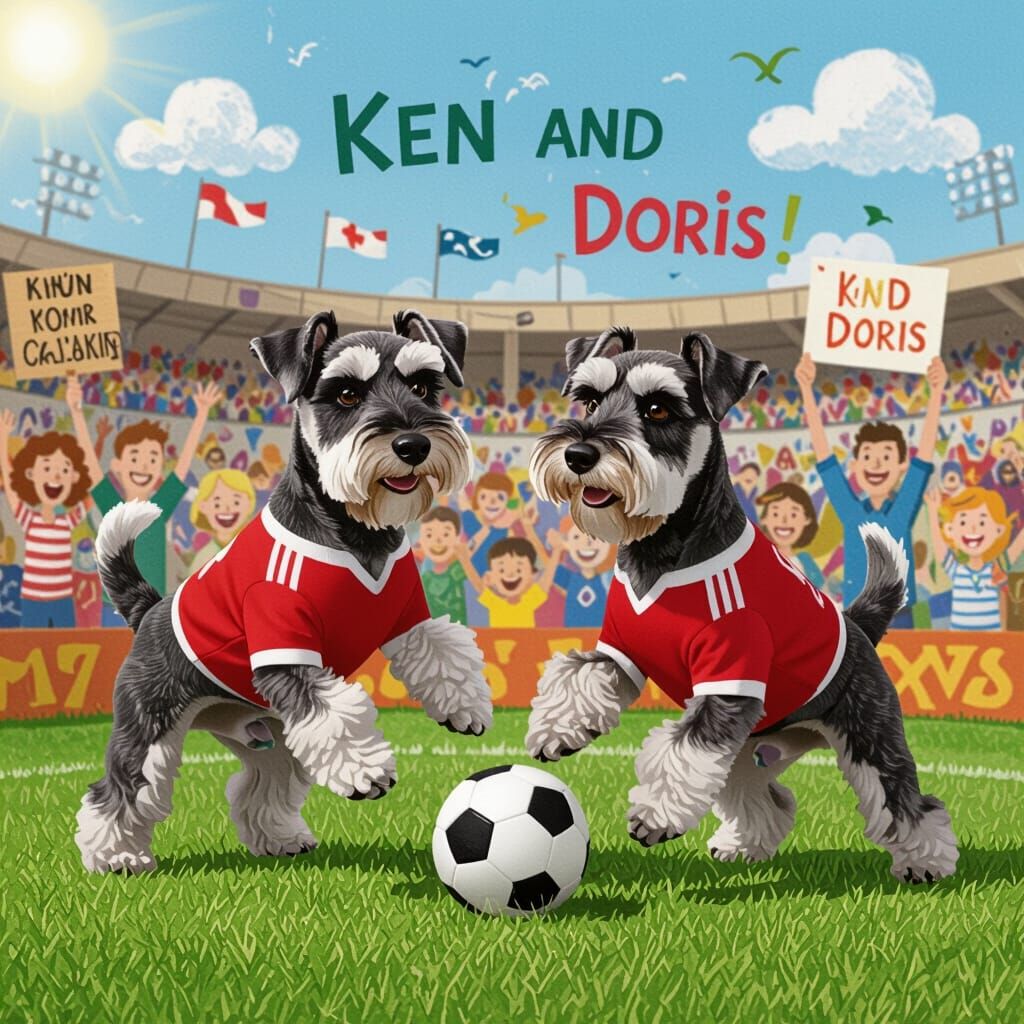 Schnauzers Playing Soccer in a Cheering Stadium