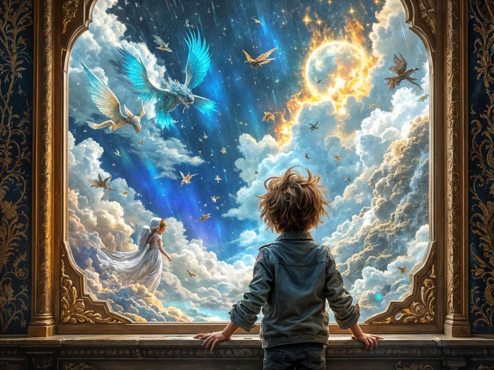 Boy Contemplates Breathtaking Fantasy Scene Beyond Ornate Wi...