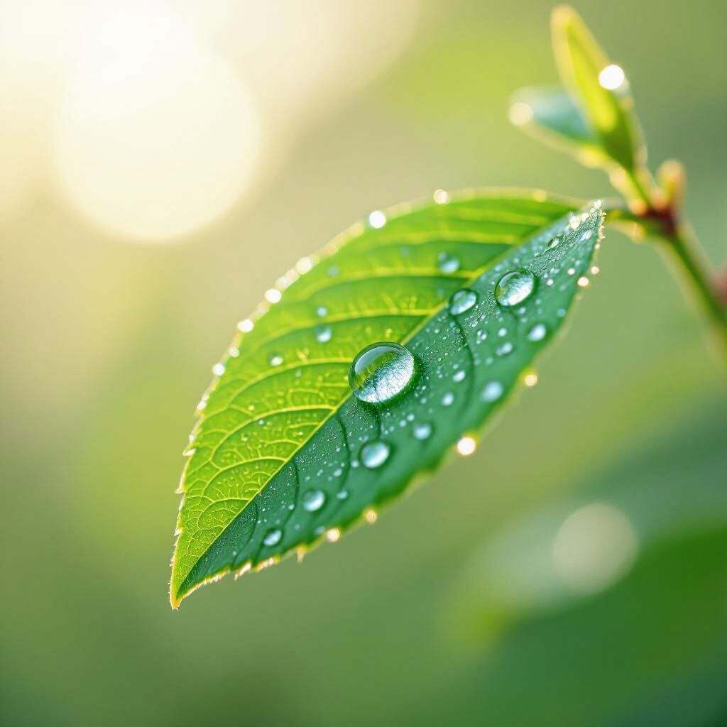 Leaf Glistening with Dew in Soft Sunlight, DSLR Style