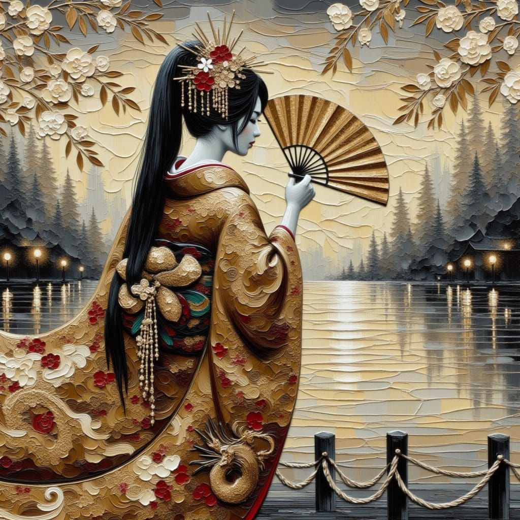 Elegant Geisha in Embroidered Kimono