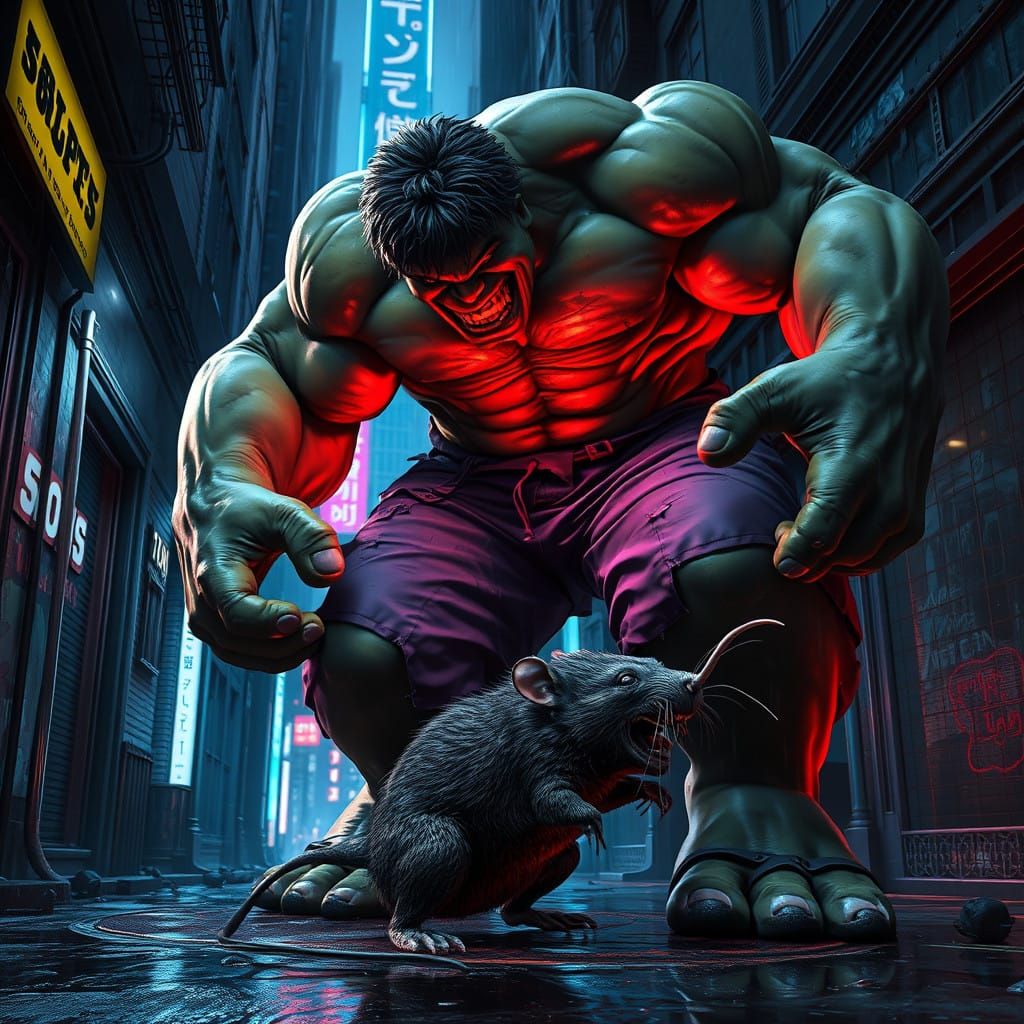 Gritty Hulk Devours Rat in Dimly Lit Alleyway
