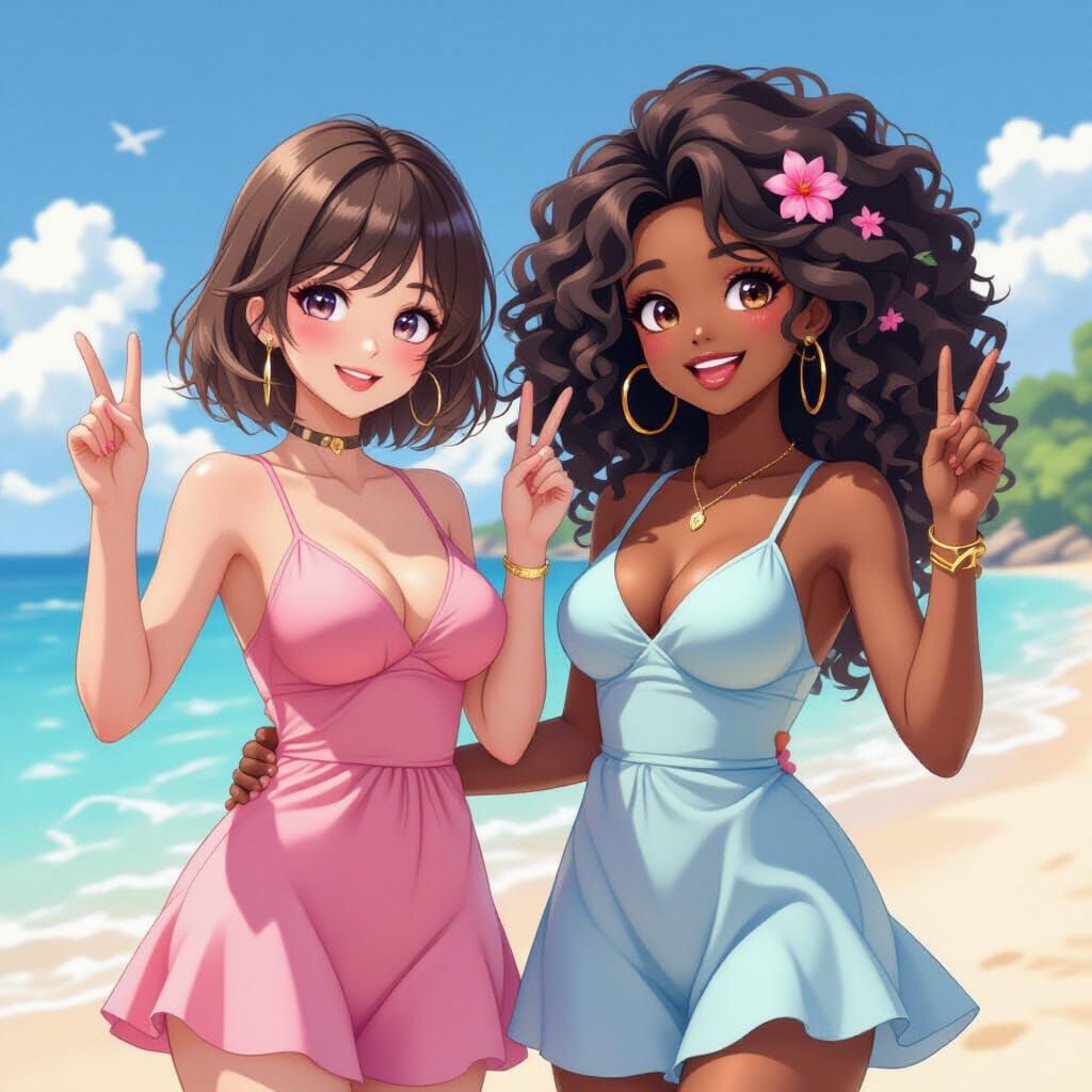 Two Women on a Beach in 3D Anime Style
