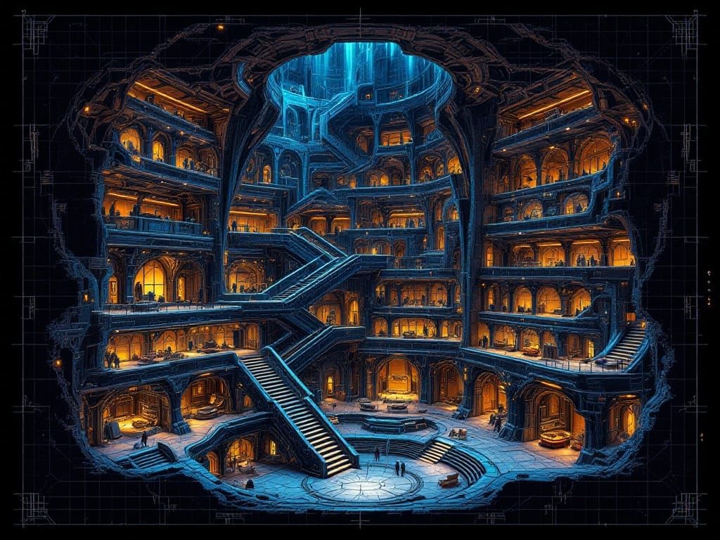 Detailed Multi-Tiered Batcave Blueprint in Gothic-Industrial...