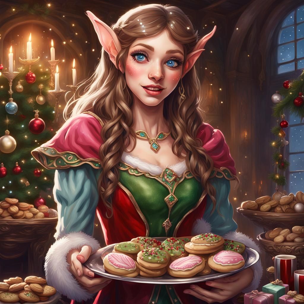 Enchanting Elf with Christmas Treats: Fantasy Art
