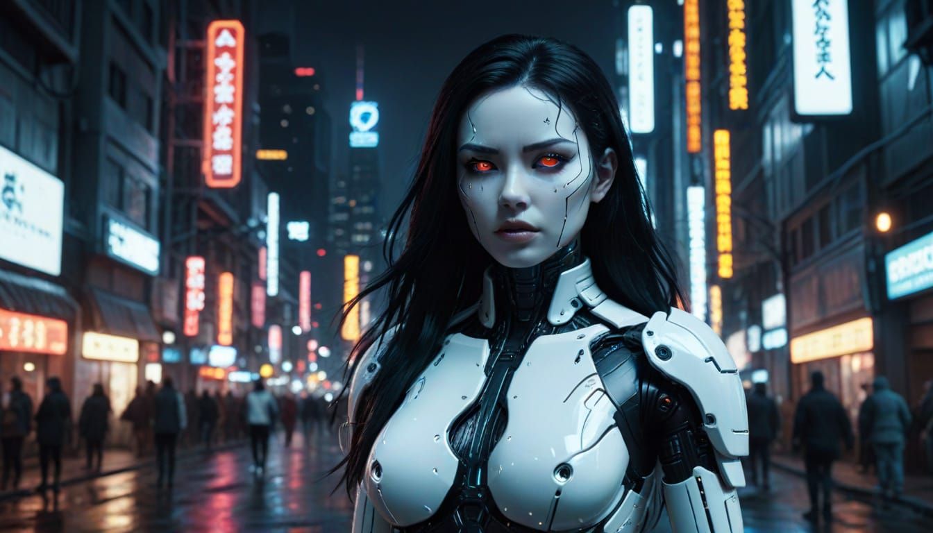 Gynoid in Cyberpunk Cityscape at Night